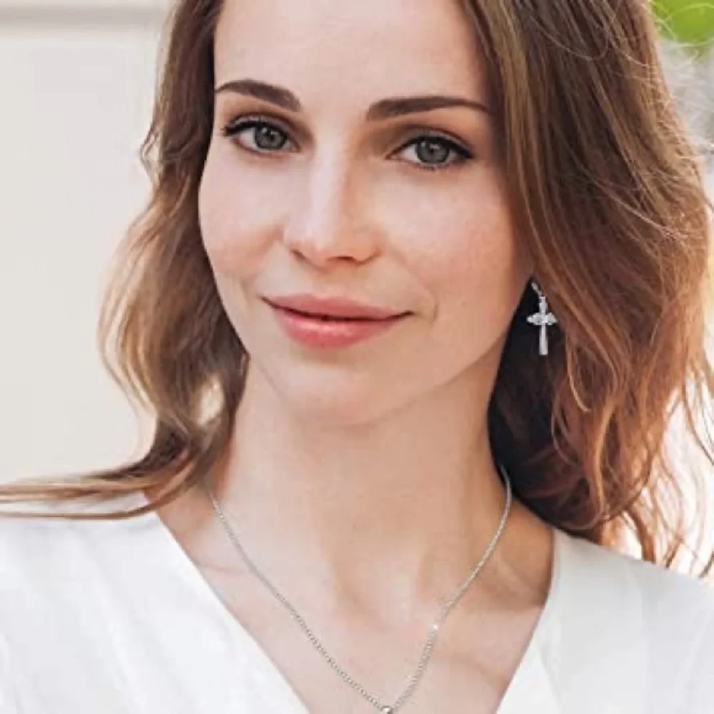 New Woman’s Sterling Silver Infinity Crucifix Cross White Sapphire Earrings